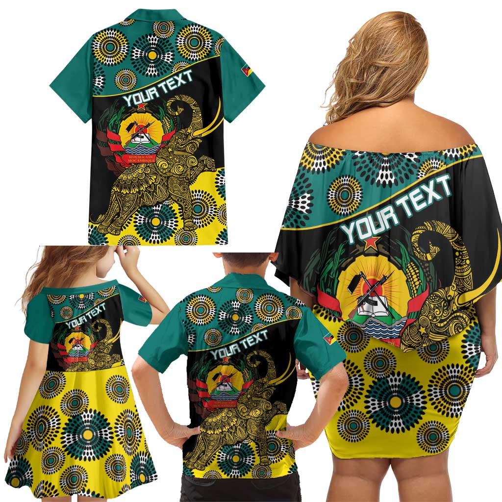Personalised Mozambique Family Matching Off Shoulder Short Dress and Hawaiian Shirt African Elephant With Coat Of Arms - Wonder Print Shop