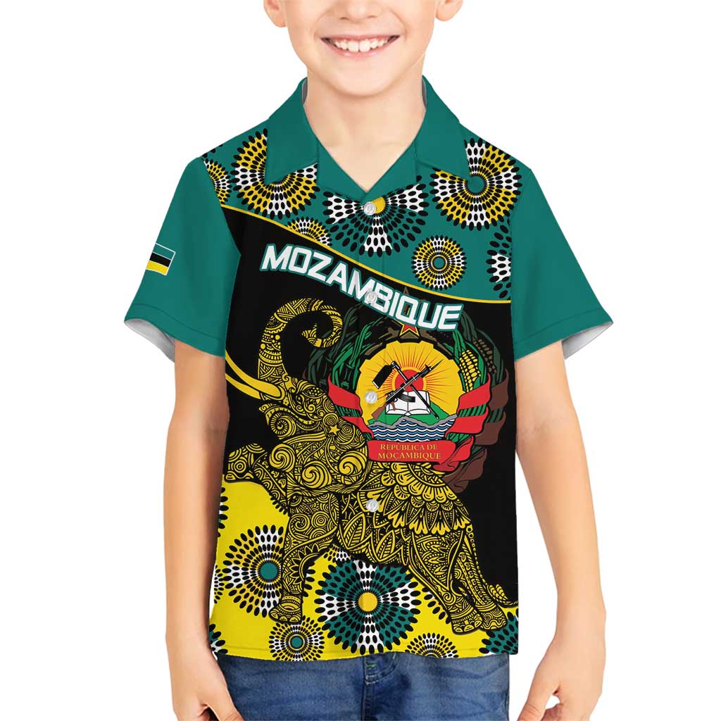 Personalised Mozambique Family Matching Off Shoulder Short Dress and Hawaiian Shirt African Elephant With Coat Of Arms - Wonder Print Shop