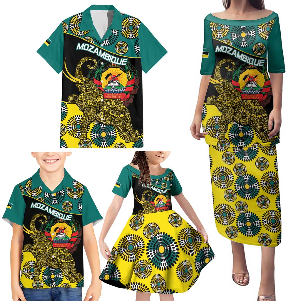 Personalised Mozambique Family Matching Puletasi and Hawaiian Shirt African Elephant With Coat Of Arms - Wonder Print Shop