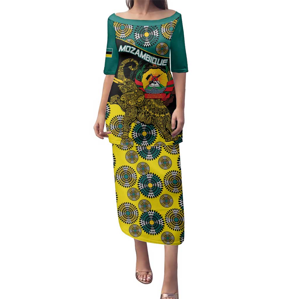 Personalised Mozambique Family Matching Puletasi and Hawaiian Shirt African Elephant With Coat Of Arms - Wonder Print Shop