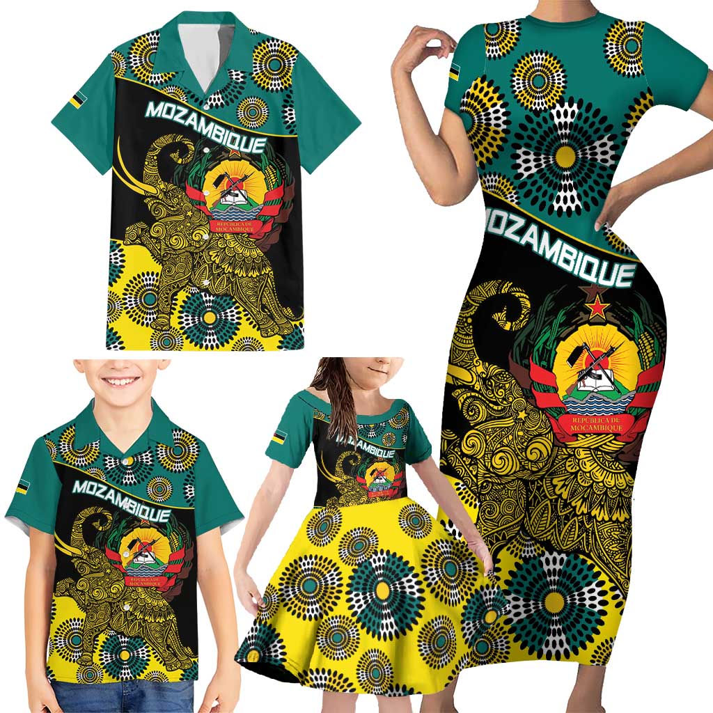 Personalised Mozambique Family Matching Short Sleeve Bodycon Dress and Hawaiian Shirt African Elephant With Coat Of Arms - Wonder Print Shop