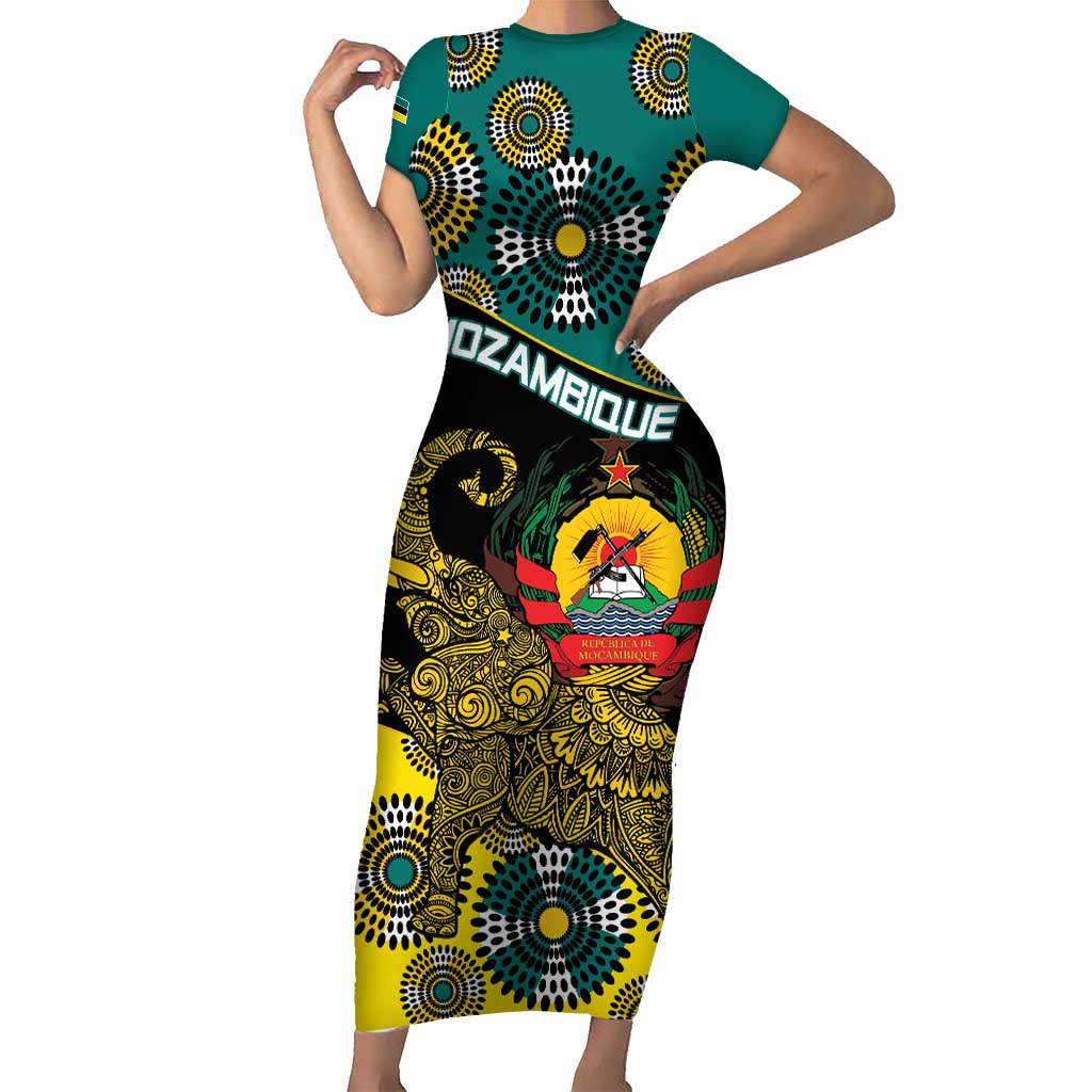 Personalised Mozambique Family Matching Short Sleeve Bodycon Dress and Hawaiian Shirt African Elephant With Coat Of Arms - Wonder Print Shop
