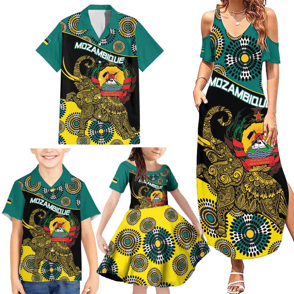 Personalised Mozambique Family Matching Summer Maxi Dress and Hawaiian Shirt African Elephant With Coat Of Arms - Wonder Print Shop
