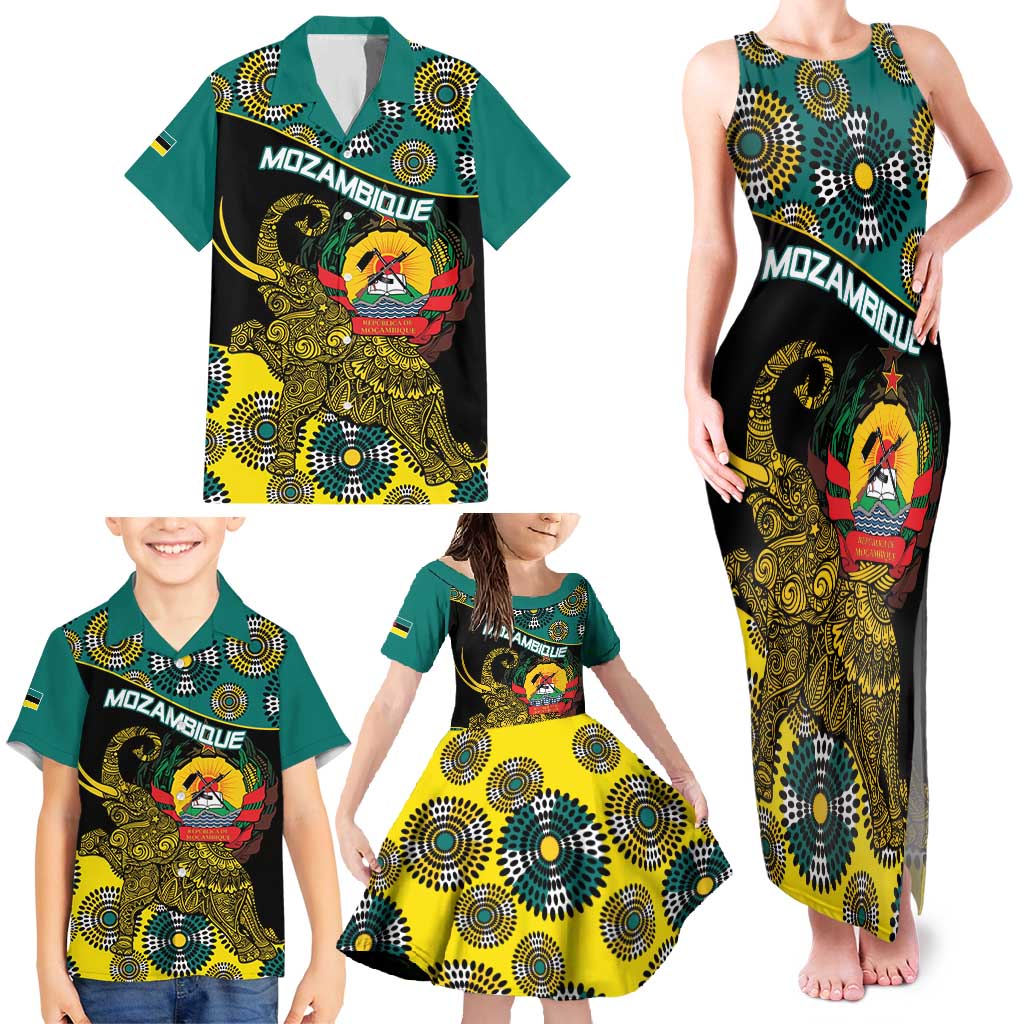 Personalised Mozambique Family Matching Tank Maxi Dress and Hawaiian Shirt African Elephant With Coat Of Arms - Wonder Print Shop