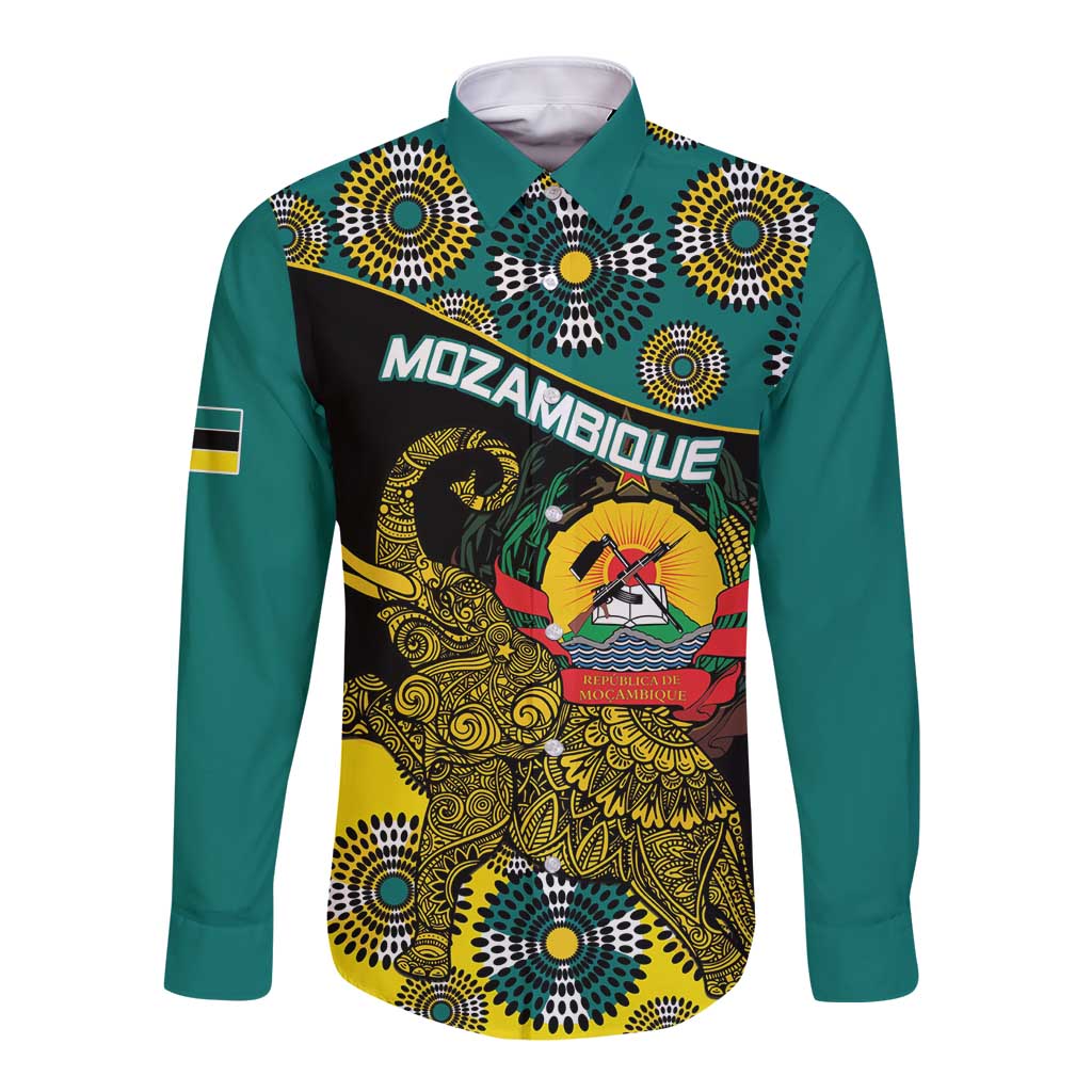 Personalised Mozambique Long Sleeve Button Shirt African Elephant With Coat Of Arms - Wonder Print Shop