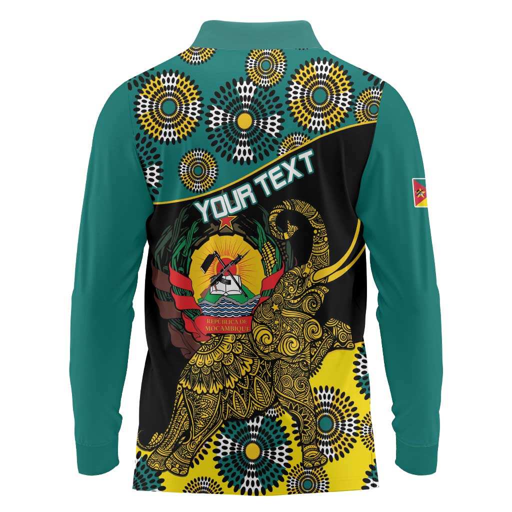 Personalised Mozambique Long Sleeve Polo Shirt African Elephant With Coat Of Arms - Wonder Print Shop