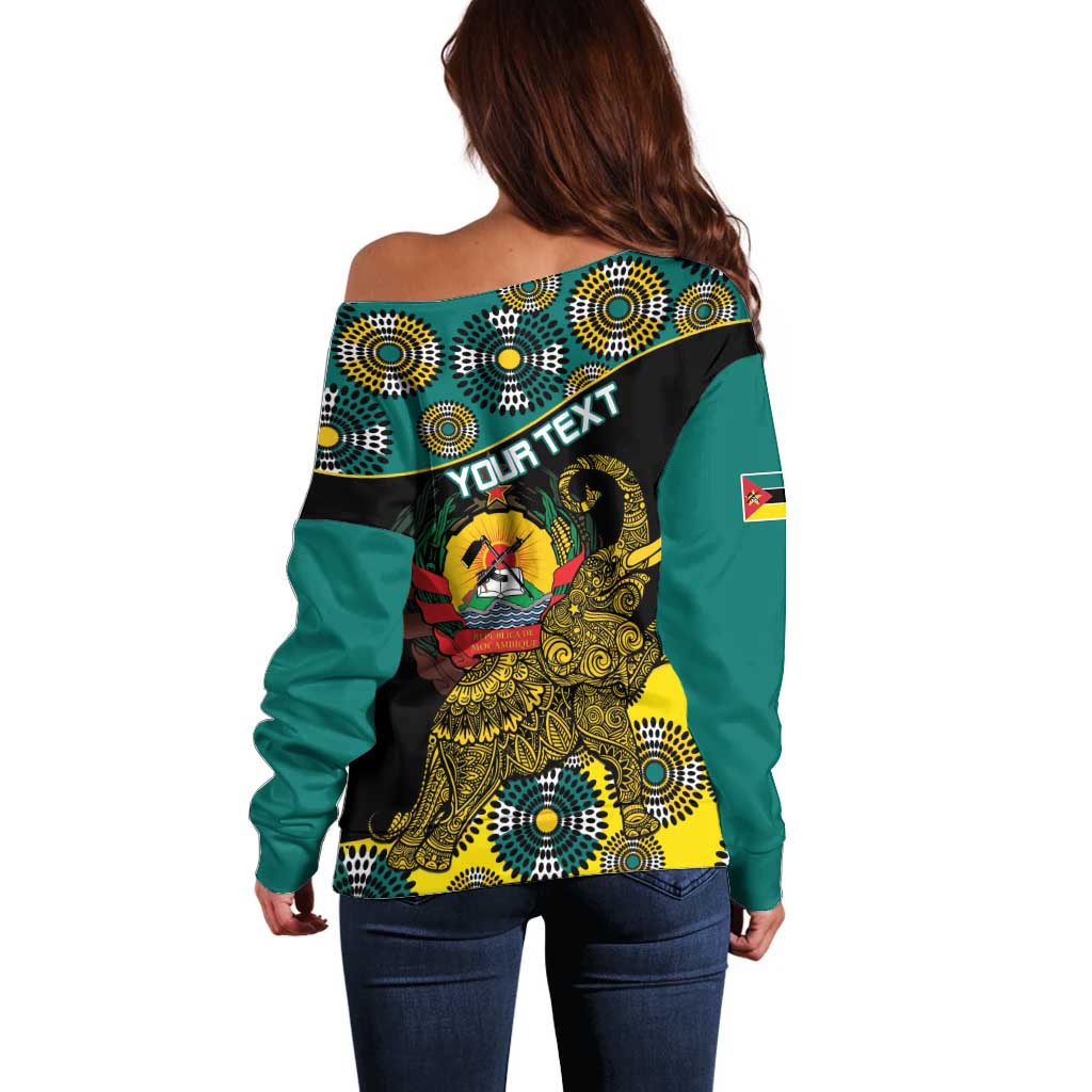 Personalised Mozambique Off Shoulder Sweater African Elephant With Coat Of Arms - Wonder Print Shop