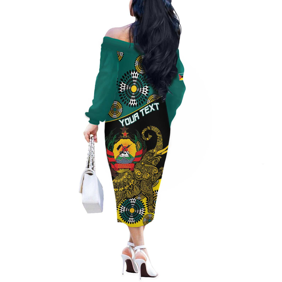 Personalised Mozambique Off The Shoulder Long Sleeve Dress African Elephant With Coat Of Arms - Wonder Print Shop