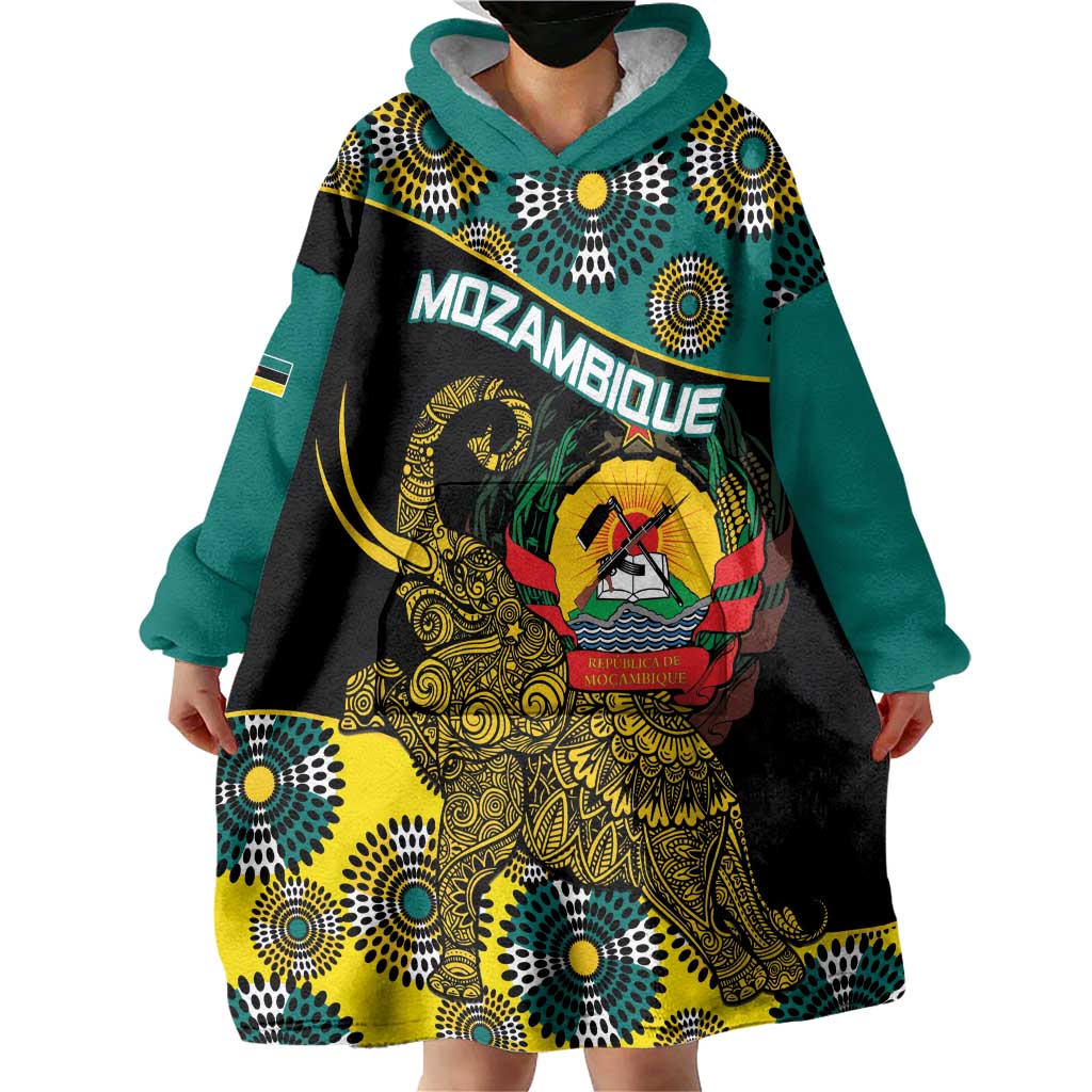 Personalised Mozambique Wearable Blanket Hoodie African Elephant With Coat Of Arms - Wonder Print Shop