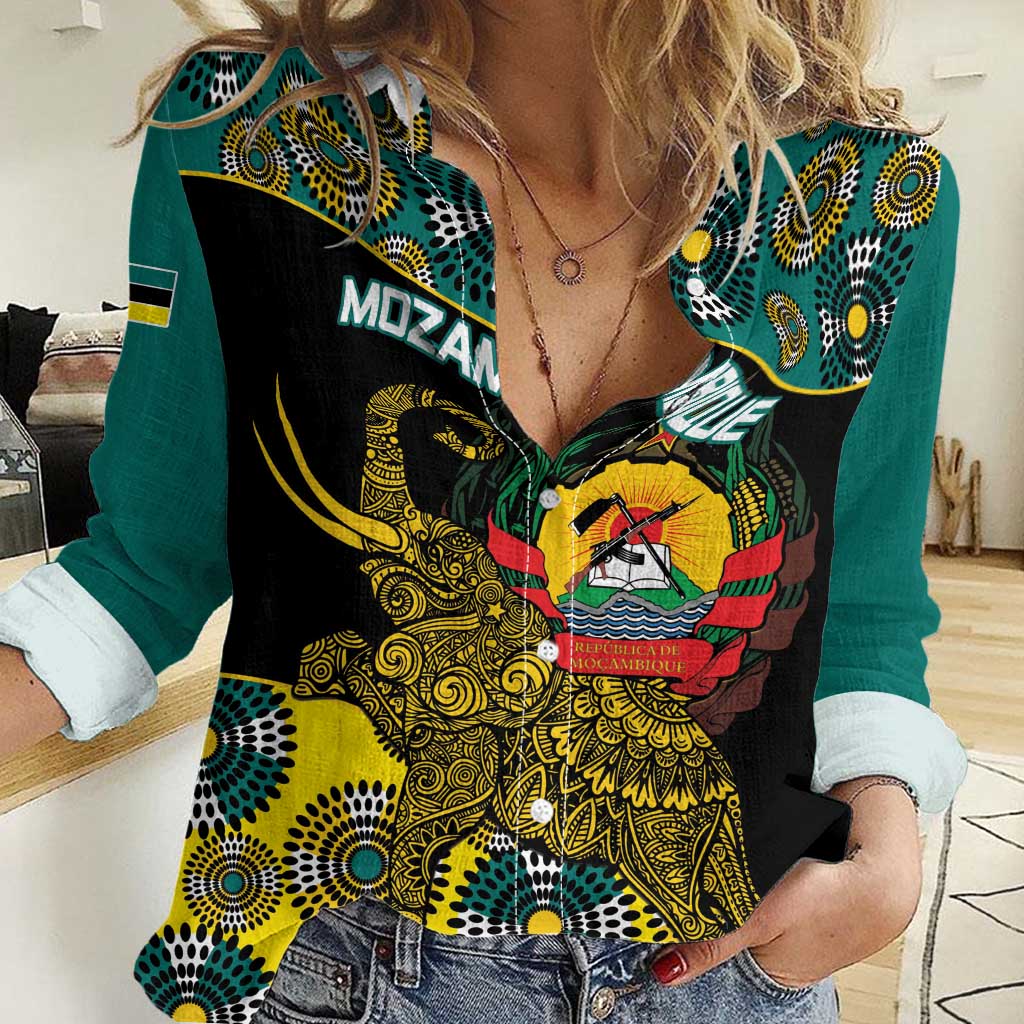 Personalised Mozambique Women Casual Shirt African Elephant With Coat Of Arms - Wonder Print Shop