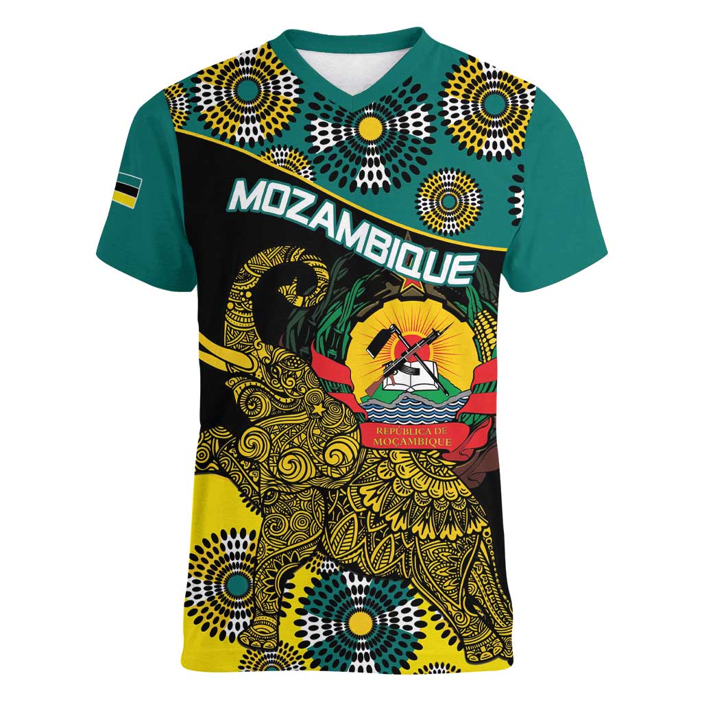 Personalised Mozambique Women V-Neck T-Shirt African Elephant With Coat Of Arms - Wonder Print Shop