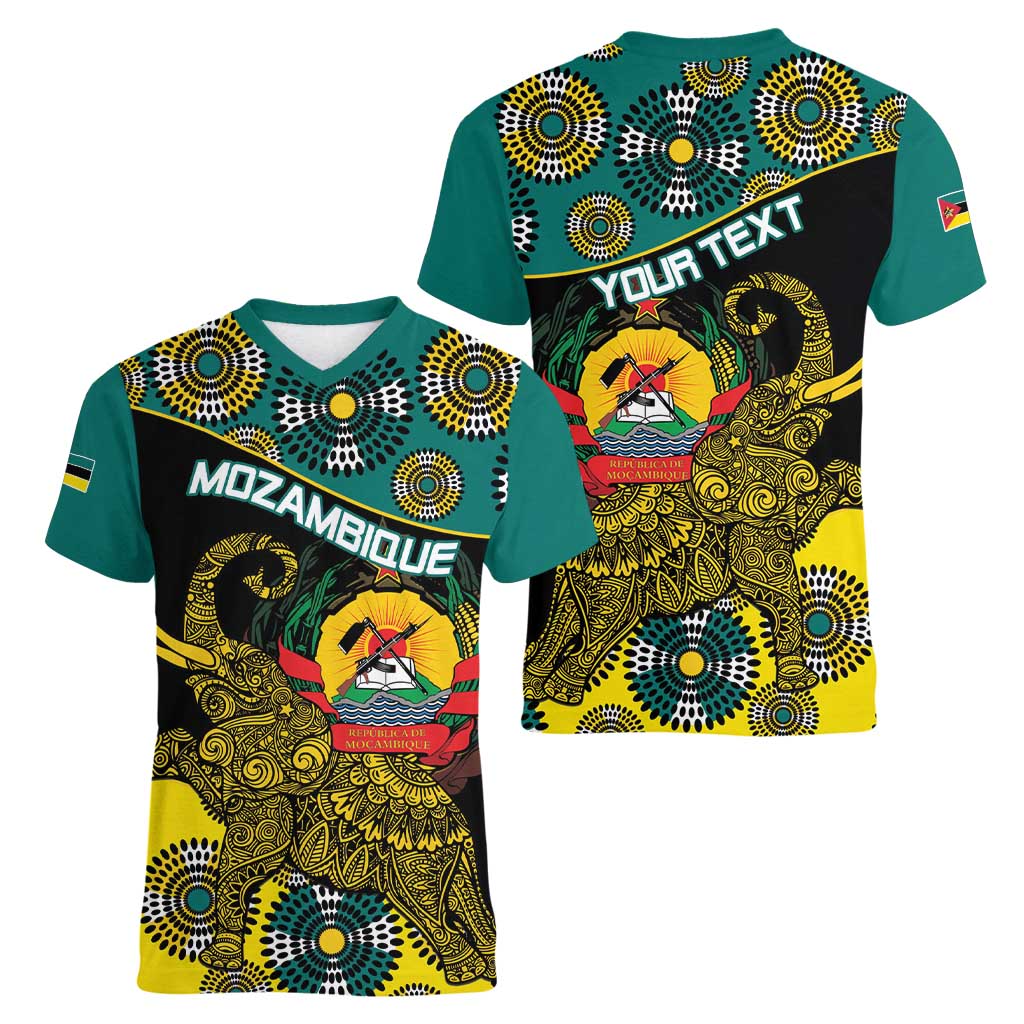 Personalised Mozambique Women V-Neck T-Shirt African Elephant With Coat Of Arms - Wonder Print Shop