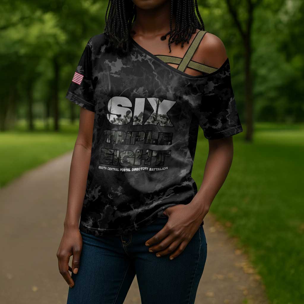 African American Heroes Cross Shoulder Shirt Six Triple Eight - Camo Style