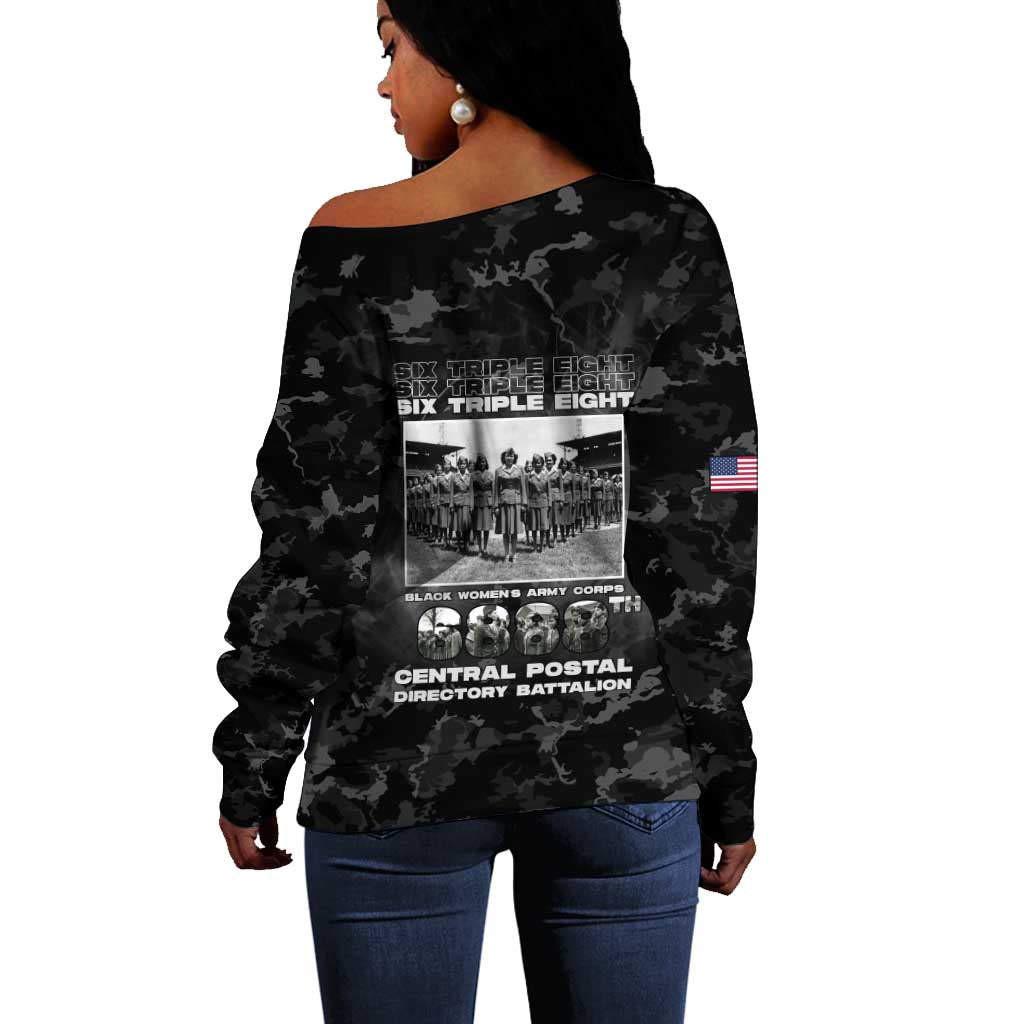 African American Heroes Off Shoulder Sweater Six Triple Eight - Camo Style