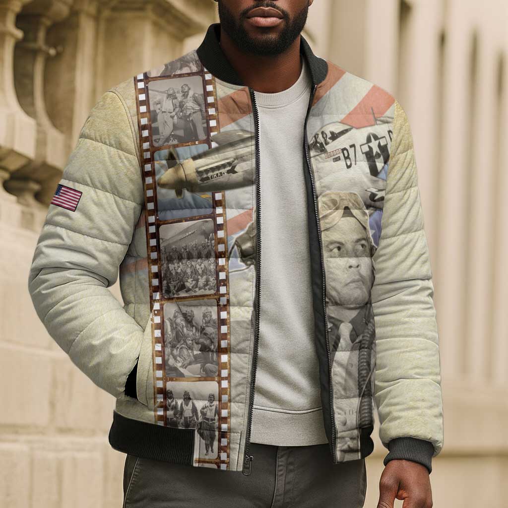 Tuskegee Airmen Bomber Puffer Jacket Red Tail Legacy Film Striped Style