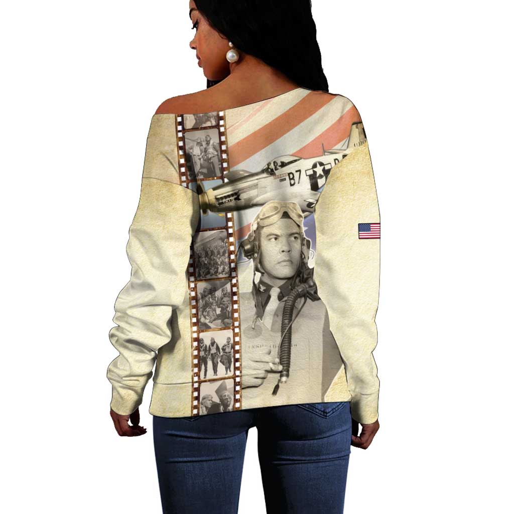 Tuskegee Airmen Off Shoulder Sweater Red Tail Legacy Film Striped Style