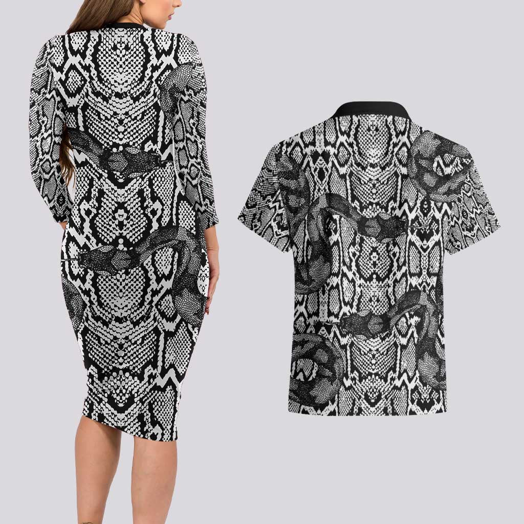 African Snake Skin Pattern Couples Matching Long Sleeve Bodycon Dress and Hawaiian Shirt