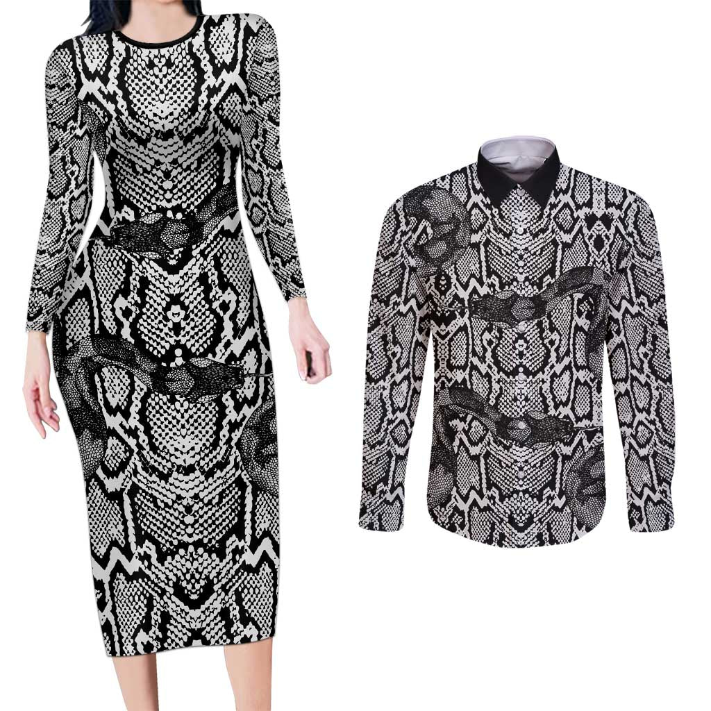 African Snake Skin Pattern Couples Matching Long Sleeve Bodycon Dress and Long Sleeve Button Shirt