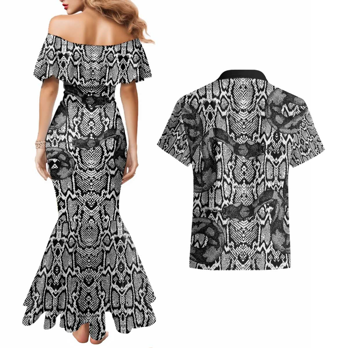 African Snake Skin Pattern Couples Matching Mermaid Dress and Hawaiian Shirt