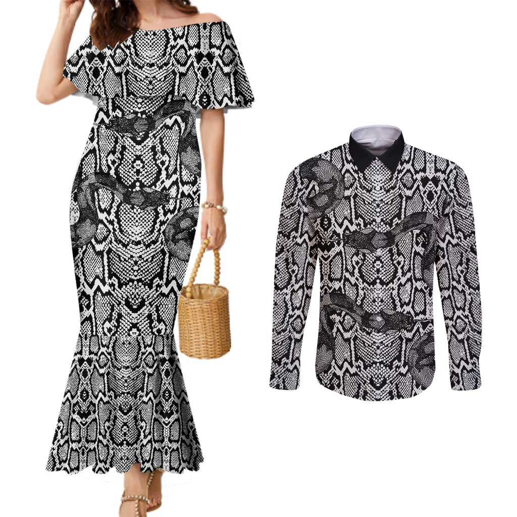 African Snake Skin Pattern Couples Matching Mermaid Dress and Long Sleeve Button Shirt
