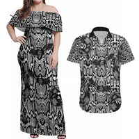 African Snake Skin Pattern Couples Matching Off Shoulder Maxi Dress and Hawaiian Shirt