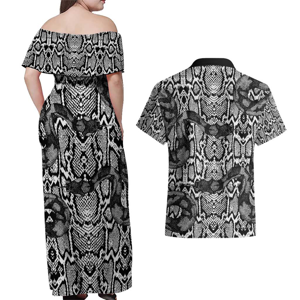 African Snake Skin Pattern Couples Matching Off Shoulder Maxi Dress and Hawaiian Shirt