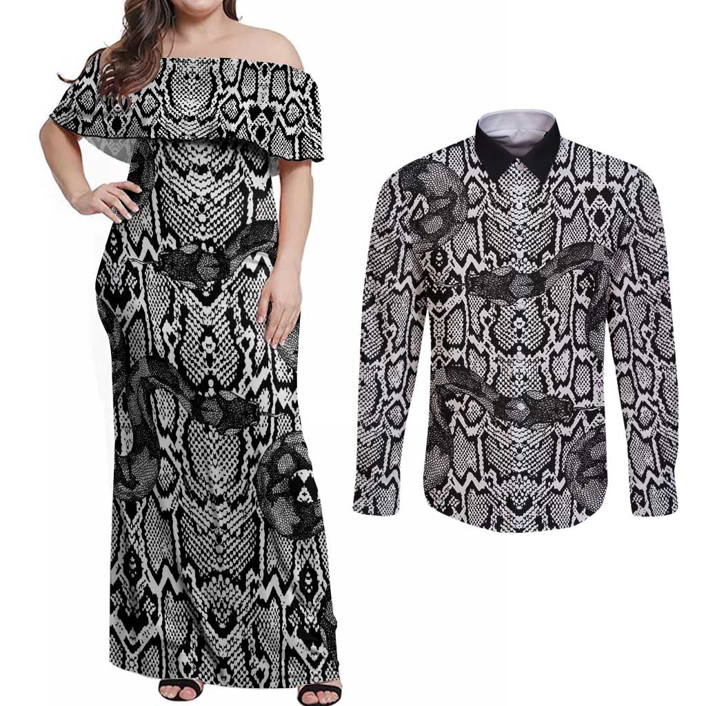 African Snake Skin Pattern Couples Matching Off Shoulder Maxi Dress and Long Sleeve Button Shirt
