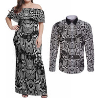 African Snake Skin Pattern Couples Matching Off Shoulder Maxi Dress and Long Sleeve Button Shirt