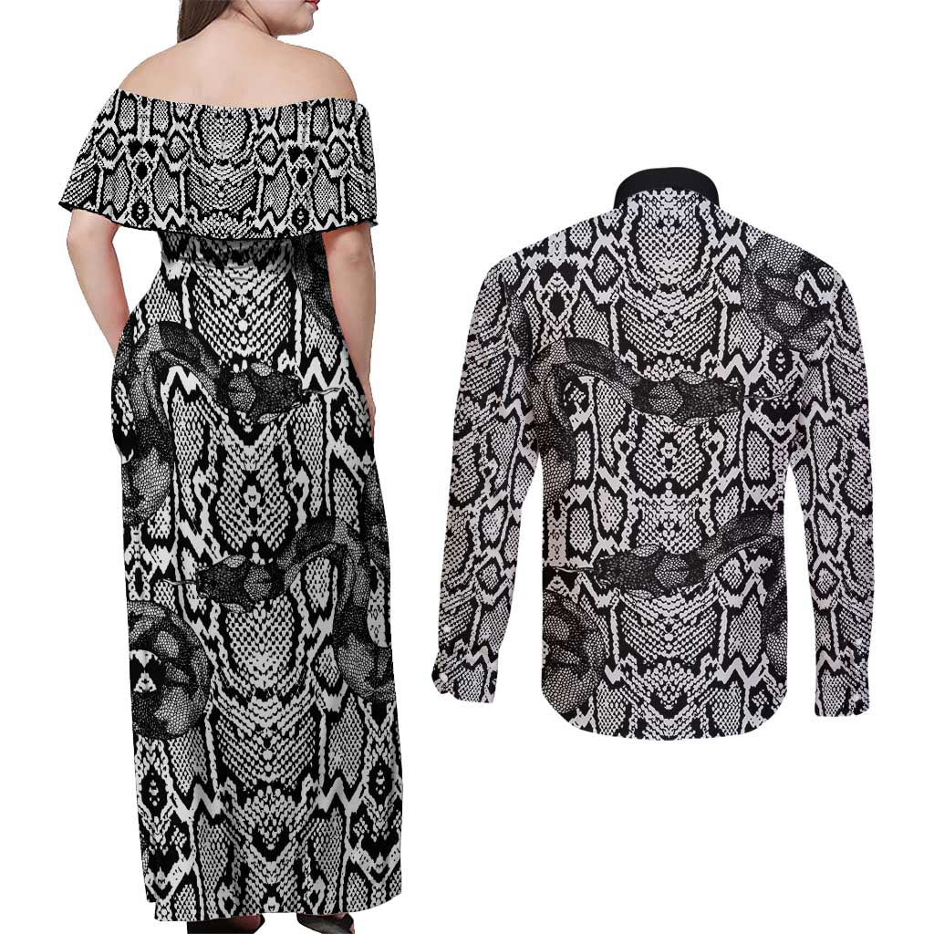 African Snake Skin Pattern Couples Matching Off Shoulder Maxi Dress and Long Sleeve Button Shirt