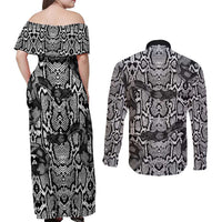 African Snake Skin Pattern Couples Matching Off Shoulder Maxi Dress and Long Sleeve Button Shirt