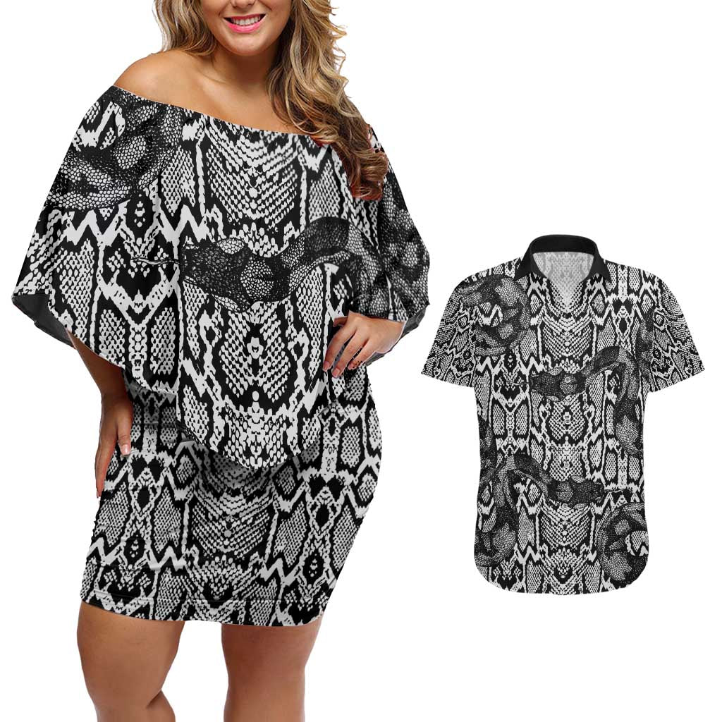 African Snake Skin Pattern Couples Matching Off Shoulder Short Dress and Hawaiian Shirt