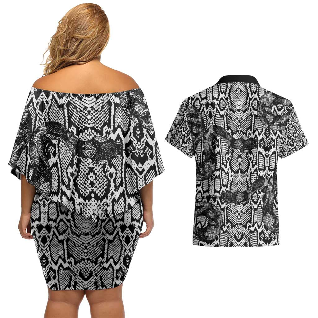 African Snake Skin Pattern Couples Matching Off Shoulder Short Dress and Hawaiian Shirt
