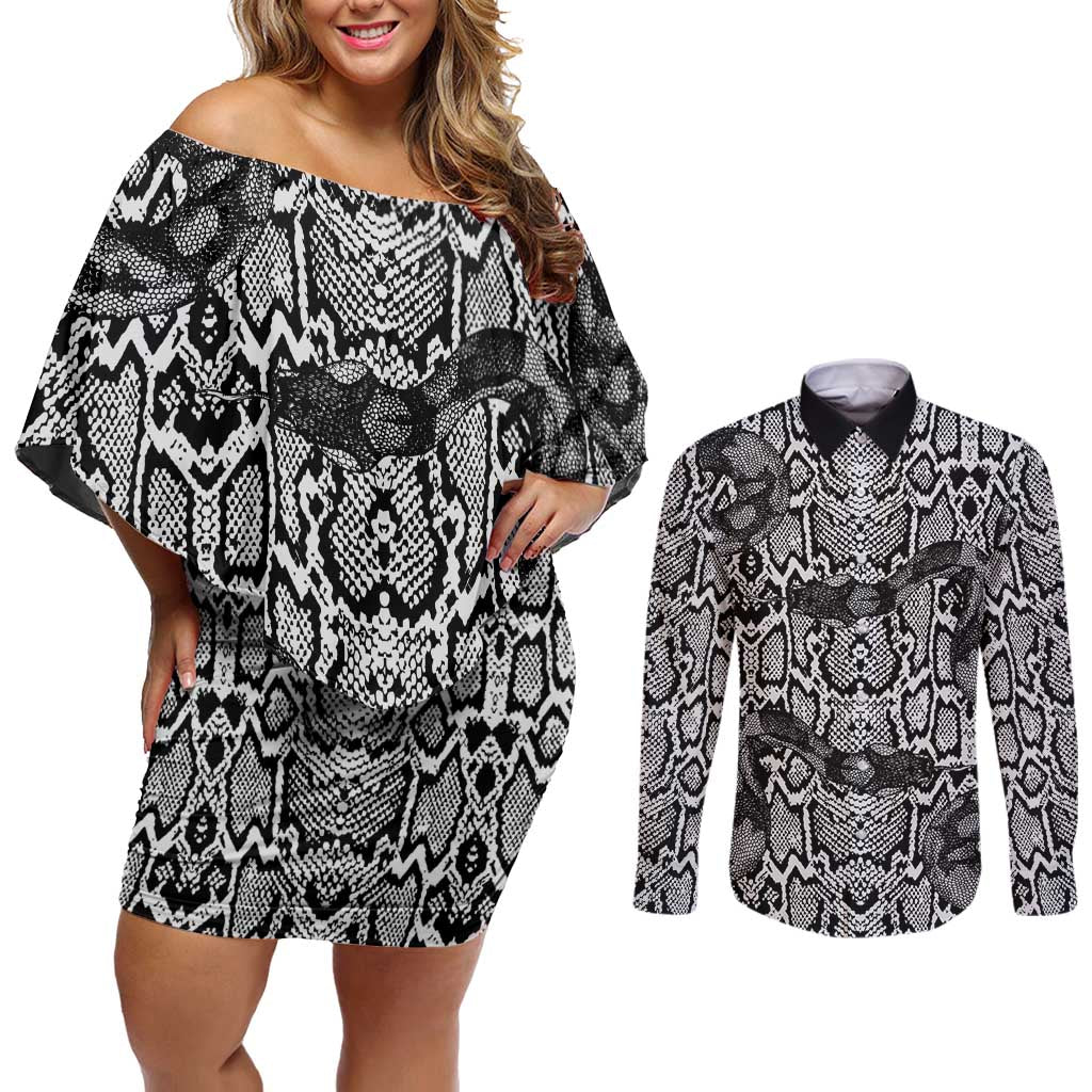 African Snake Skin Pattern Couples Matching Off Shoulder Short Dress and Long Sleeve Button Shirt