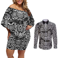 African Snake Skin Pattern Couples Matching Off Shoulder Short Dress and Long Sleeve Button Shirt