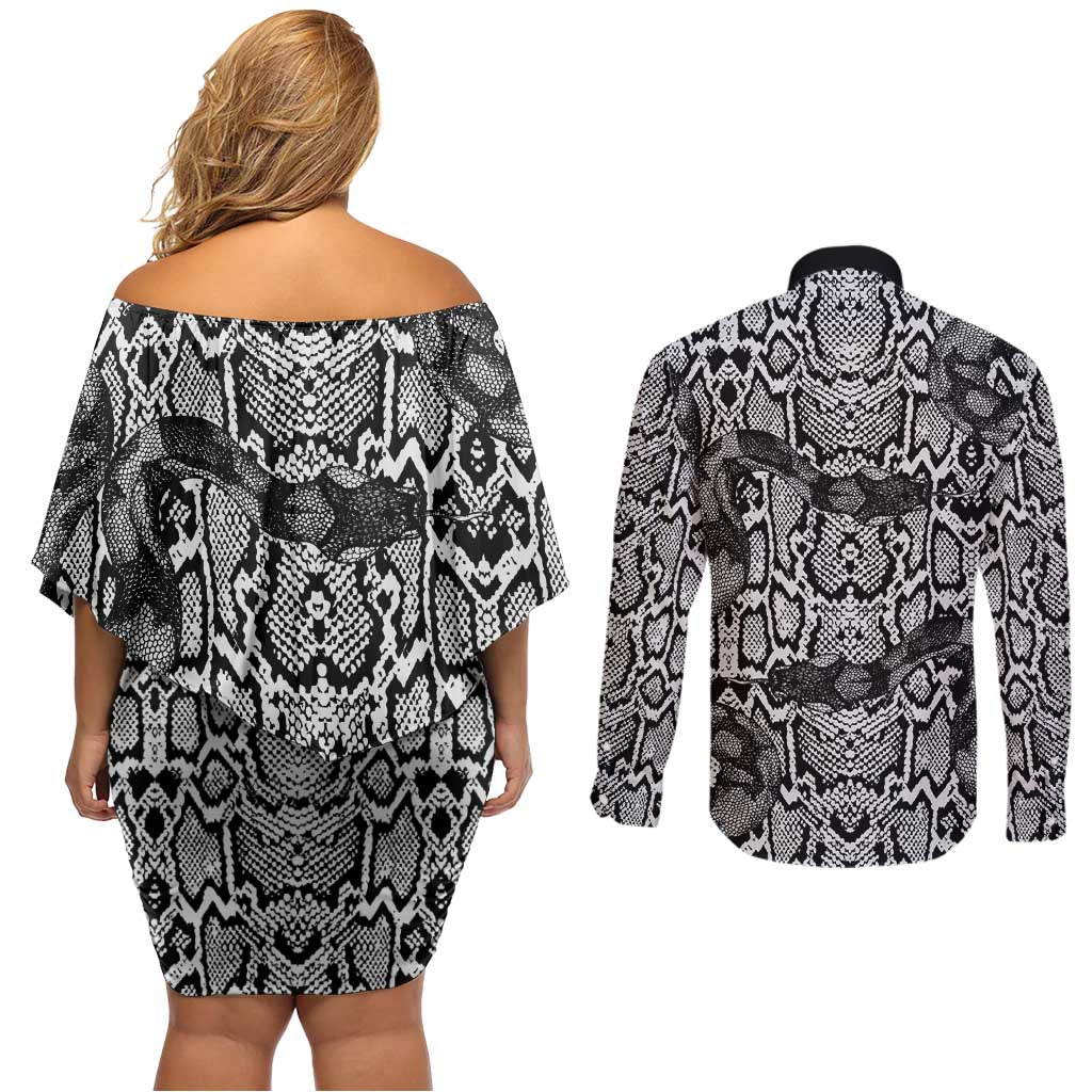 African Snake Skin Pattern Couples Matching Off Shoulder Short Dress and Long Sleeve Button Shirt