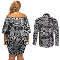 African Snake Skin Pattern Couples Matching Off Shoulder Short Dress and Long Sleeve Button Shirt