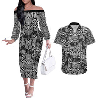 African Snake Skin Pattern Couples Matching Off The Shoulder Long Sleeve Dress and Hawaiian Shirt