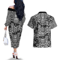 African Snake Skin Pattern Couples Matching Off The Shoulder Long Sleeve Dress and Hawaiian Shirt