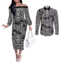 African Snake Skin Pattern Couples Matching Off The Shoulder Long Sleeve Dress and Long Sleeve Button Shirt