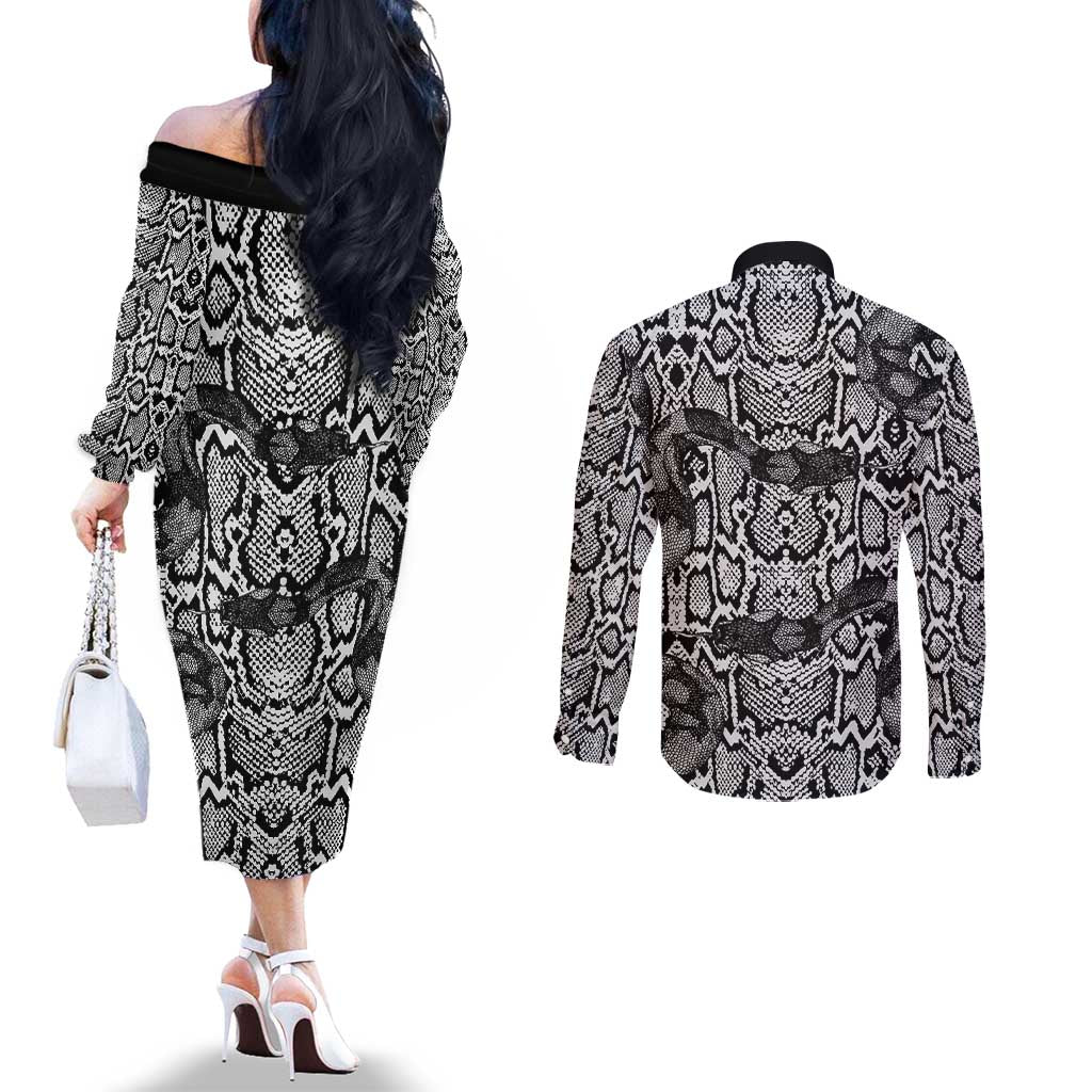 African Snake Skin Pattern Couples Matching Off The Shoulder Long Sleeve Dress and Long Sleeve Button Shirt