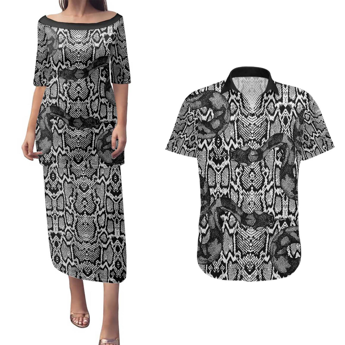 African Snake Skin Pattern Couples Matching Puletasi and Hawaiian Shirt