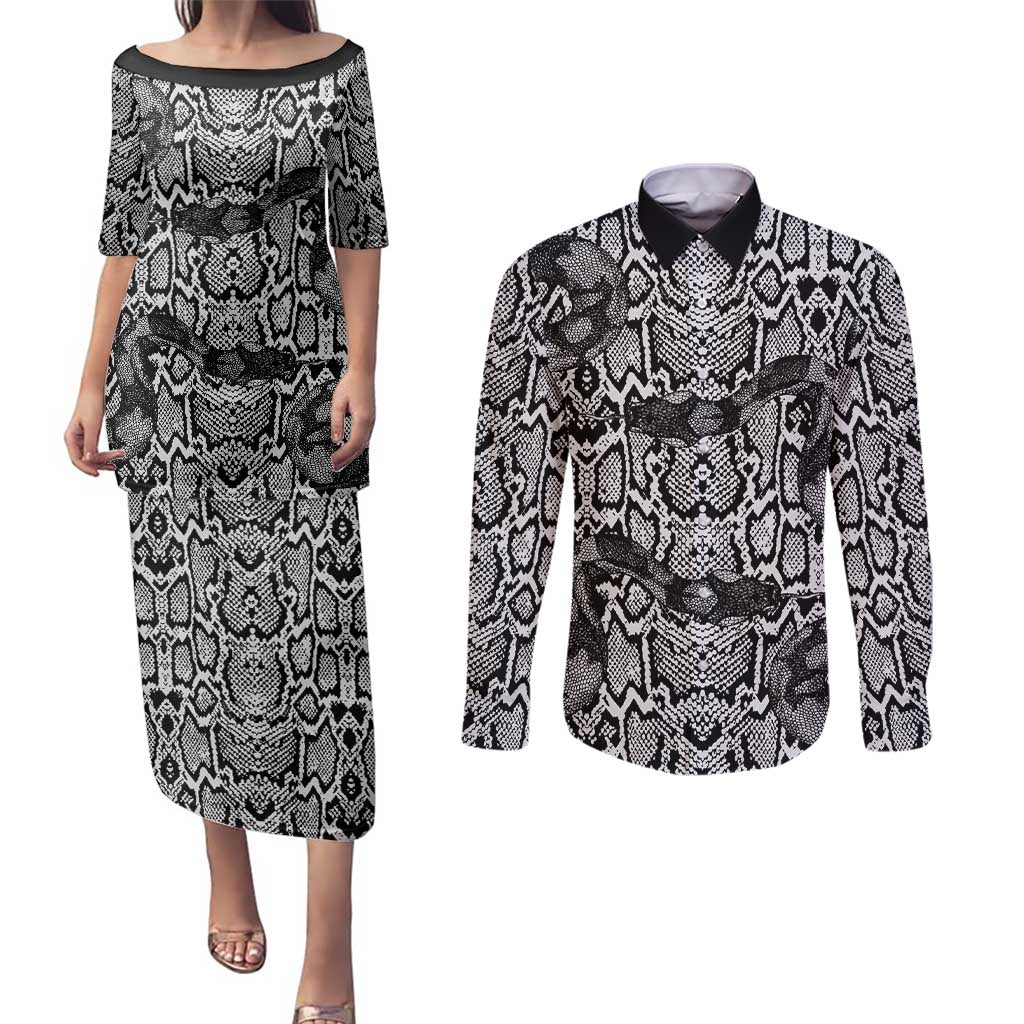 African Snake Skin Pattern Couples Matching Puletasi and Long Sleeve Button Shirt