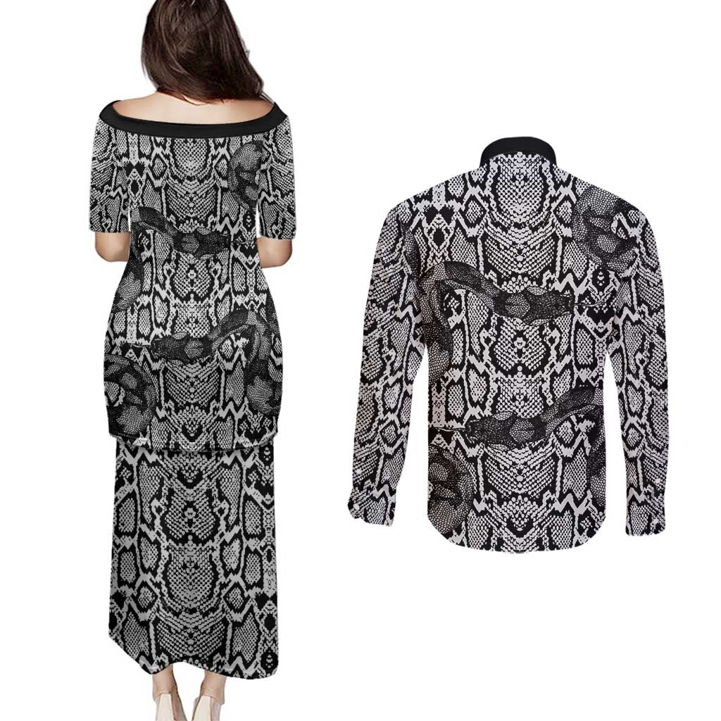 African Snake Skin Pattern Couples Matching Puletasi and Long Sleeve Button Shirt