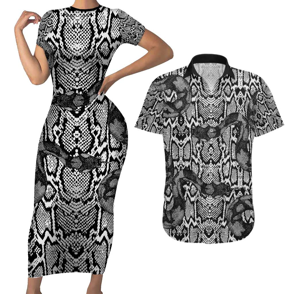 African Snake Skin Pattern Couples Matching Short Sleeve Bodycon Dress and Hawaiian Shirt