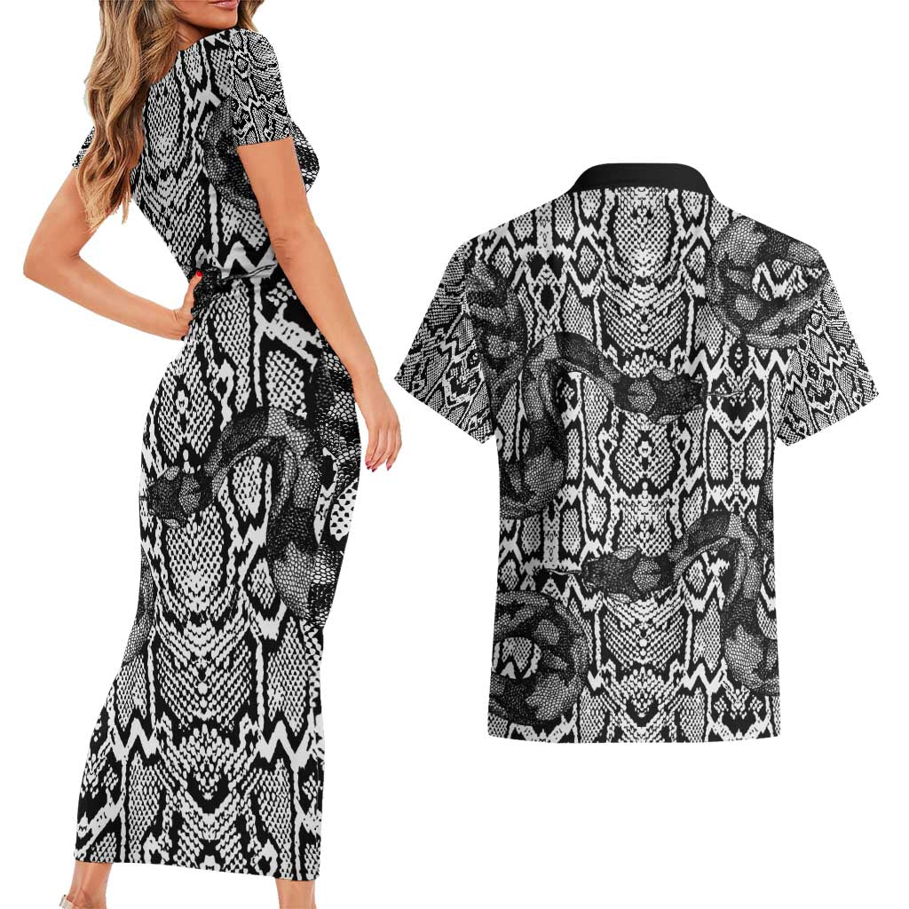 African Snake Skin Pattern Couples Matching Short Sleeve Bodycon Dress and Hawaiian Shirt