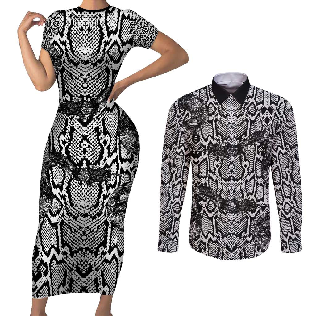 African Snake Skin Pattern Couples Matching Short Sleeve Bodycon Dress and Long Sleeve Button Shirt