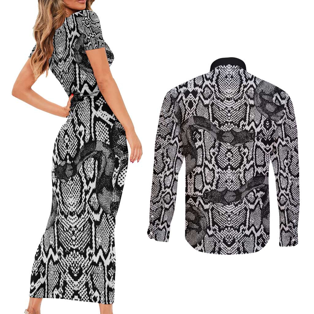 African Snake Skin Pattern Couples Matching Short Sleeve Bodycon Dress and Long Sleeve Button Shirt