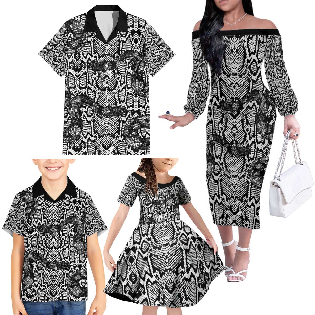 African Snake Skin Pattern Family Matching Off The Shoulder Long Sleeve Dress and Hawaiian Shirt