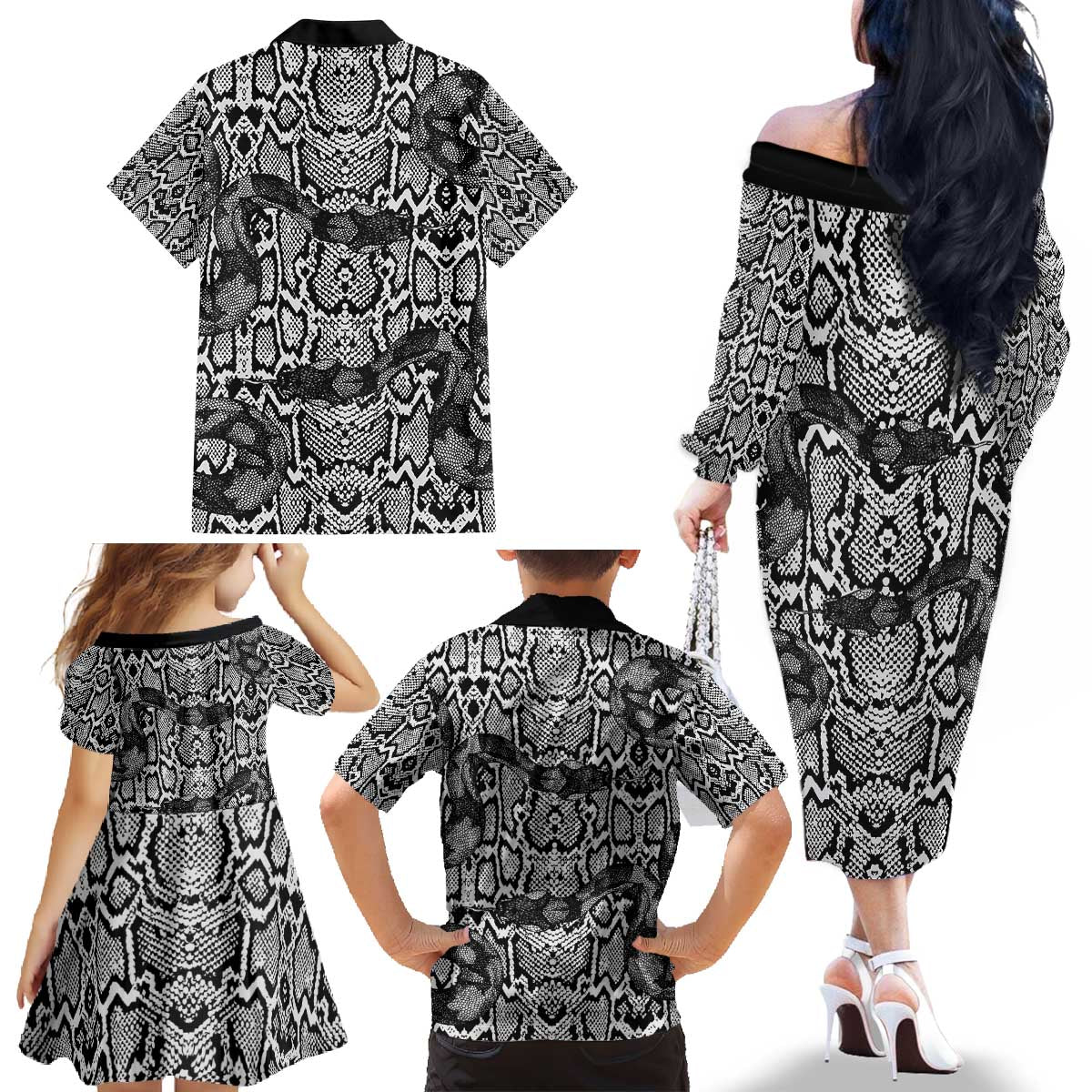 African Snake Skin Pattern Family Matching Off The Shoulder Long Sleeve Dress and Hawaiian Shirt