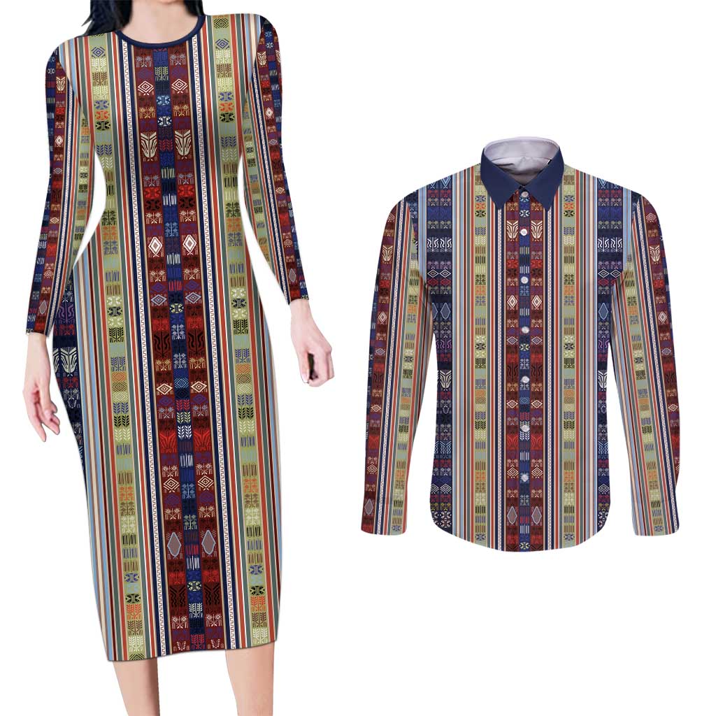 Lamba Mpanjaka Madagascar Couples Matching Long Sleeve Bodycon Dress and Long Sleeve Button Shirt Traditional Pattern